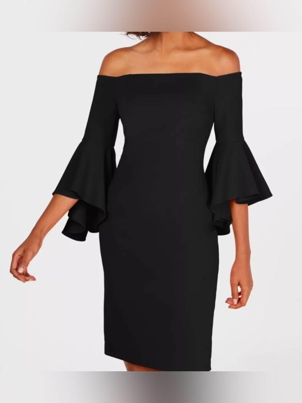 bebe Black Off-Shoulder Bell Sleeve Sheath Dress Knee Length